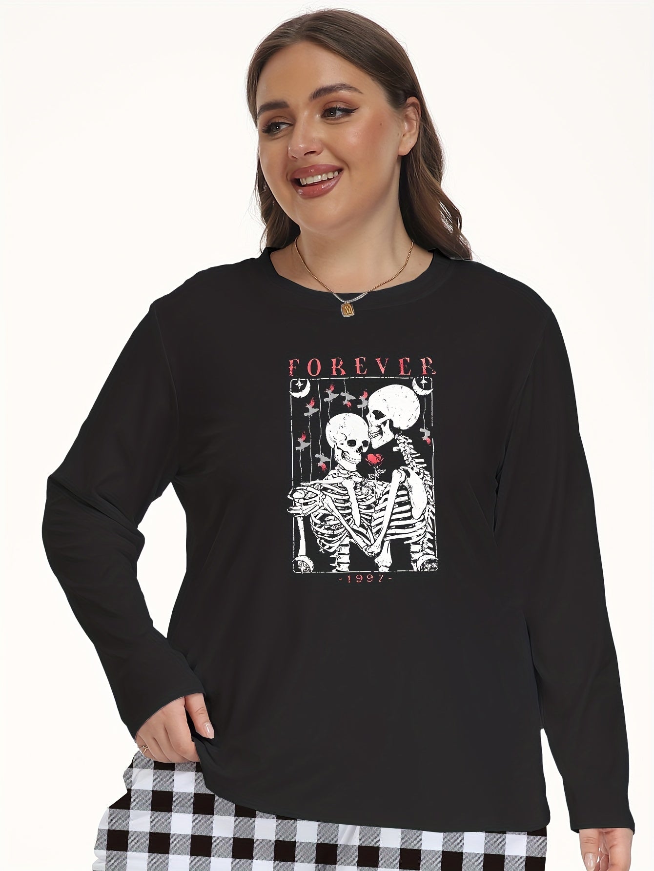 Halloween Lounge Top Women's Plus Skull Couple Print Pajama Tee