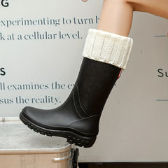 Women's Fleece Liner Rain Boots Slip on Waterproof Mid Calf Boots