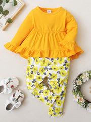 2pcs Yellow Long Sleeve Top & Floral Bottom Set