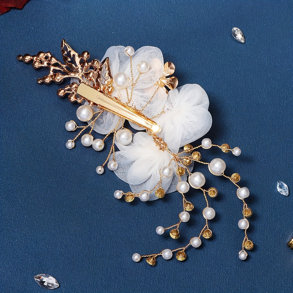 Mesh Flower Charm Hair Clip Rhinestone & Faux Pearl Decor Barrette