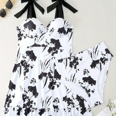 Floral Print Tankini Set Tie Shoulder Top & Underwear Two Piece Set