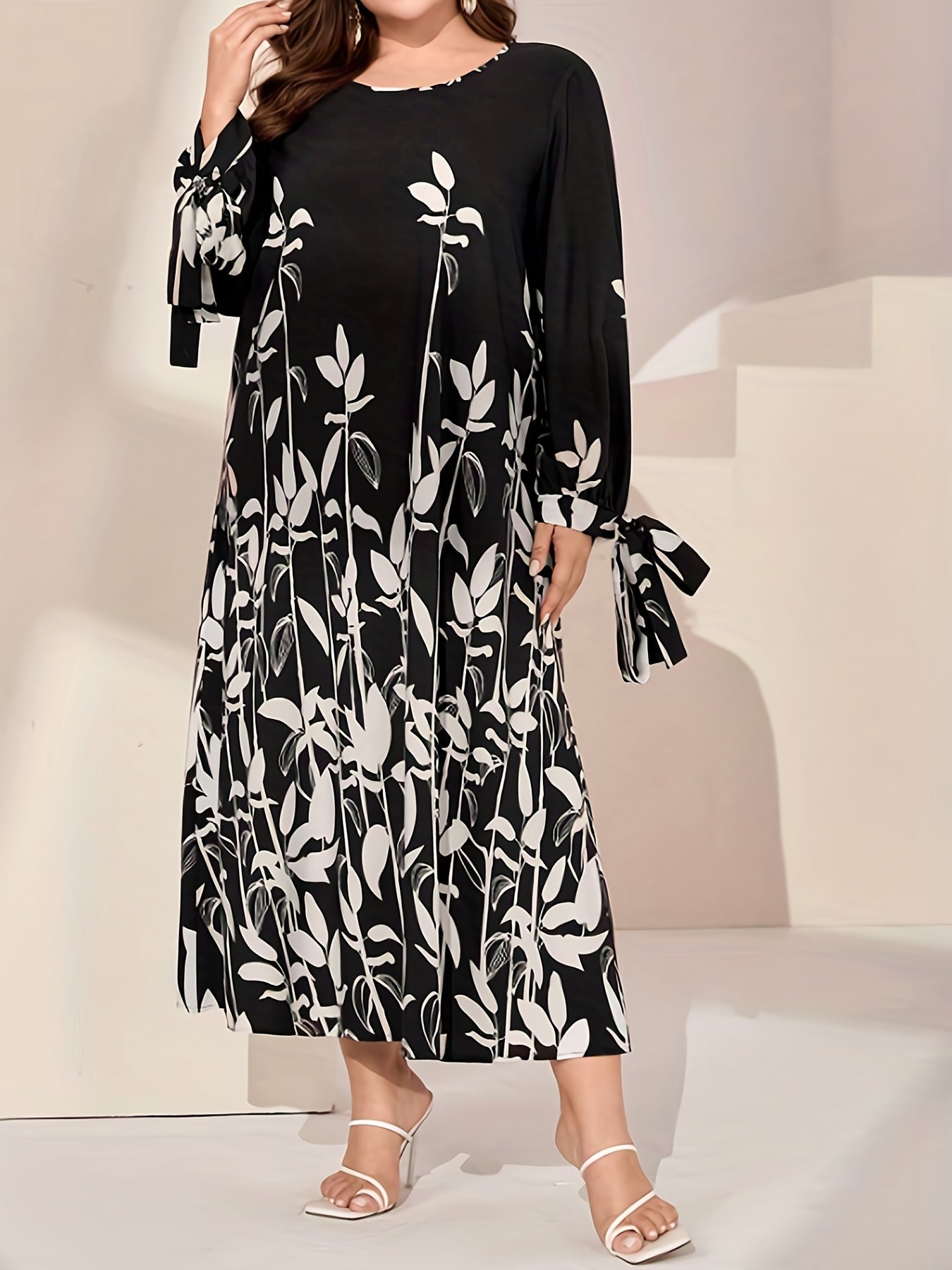 Colorblock Floral Print Round Neck Pleated Dress