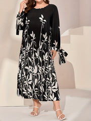 Colorblock Floral Print Round Neck Pleated Dress