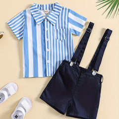 2pcs Toddler Boys Stripes Shirt & Suspenders Set Kids Summer Clothes