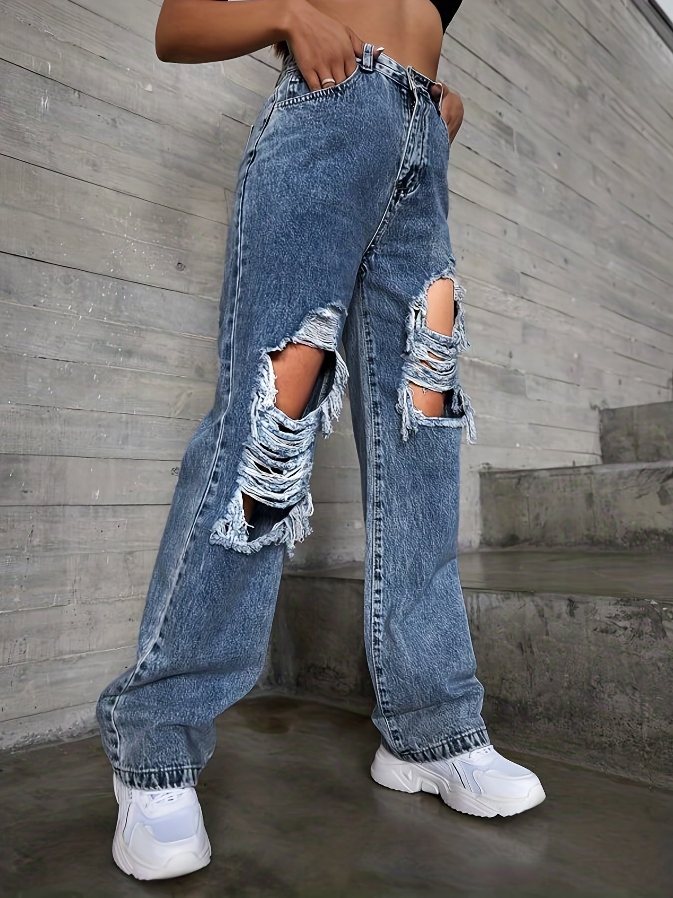 Baggy Denim Pants Ripped Holes Straight Cut