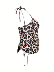 Women's Plus Leopard Print Tankini Set Halter Neck Ruched Side Swimsuit