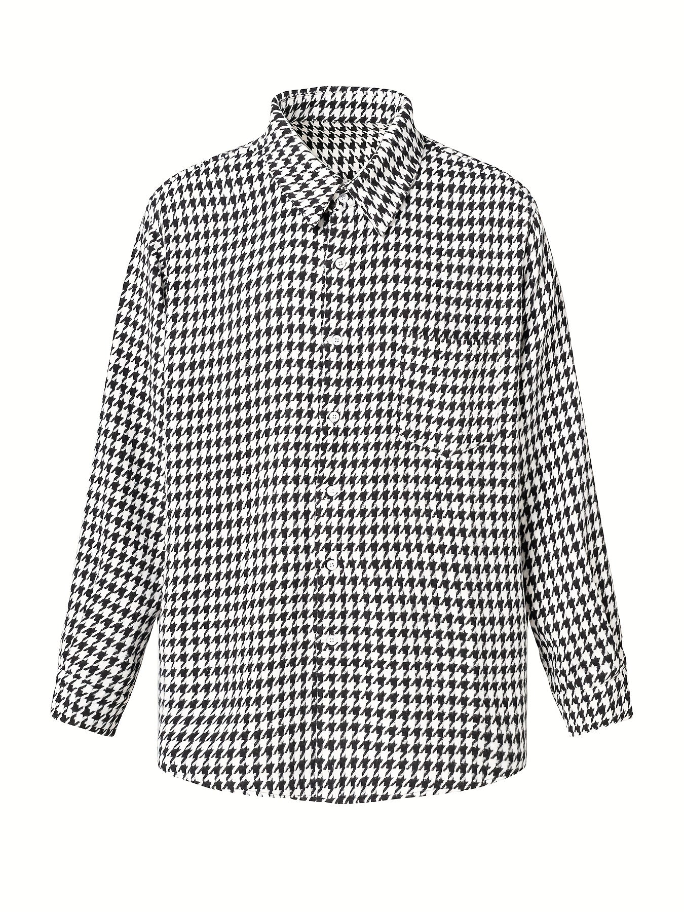 Men's Houndstooth Shirt Chest Pocket Casual Lapel Button Up Long Sleeve Shirt