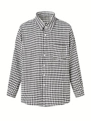 Men's Houndstooth Shirt Chest Pocket Casual Lapel Button Up Long Sleeve Shirt