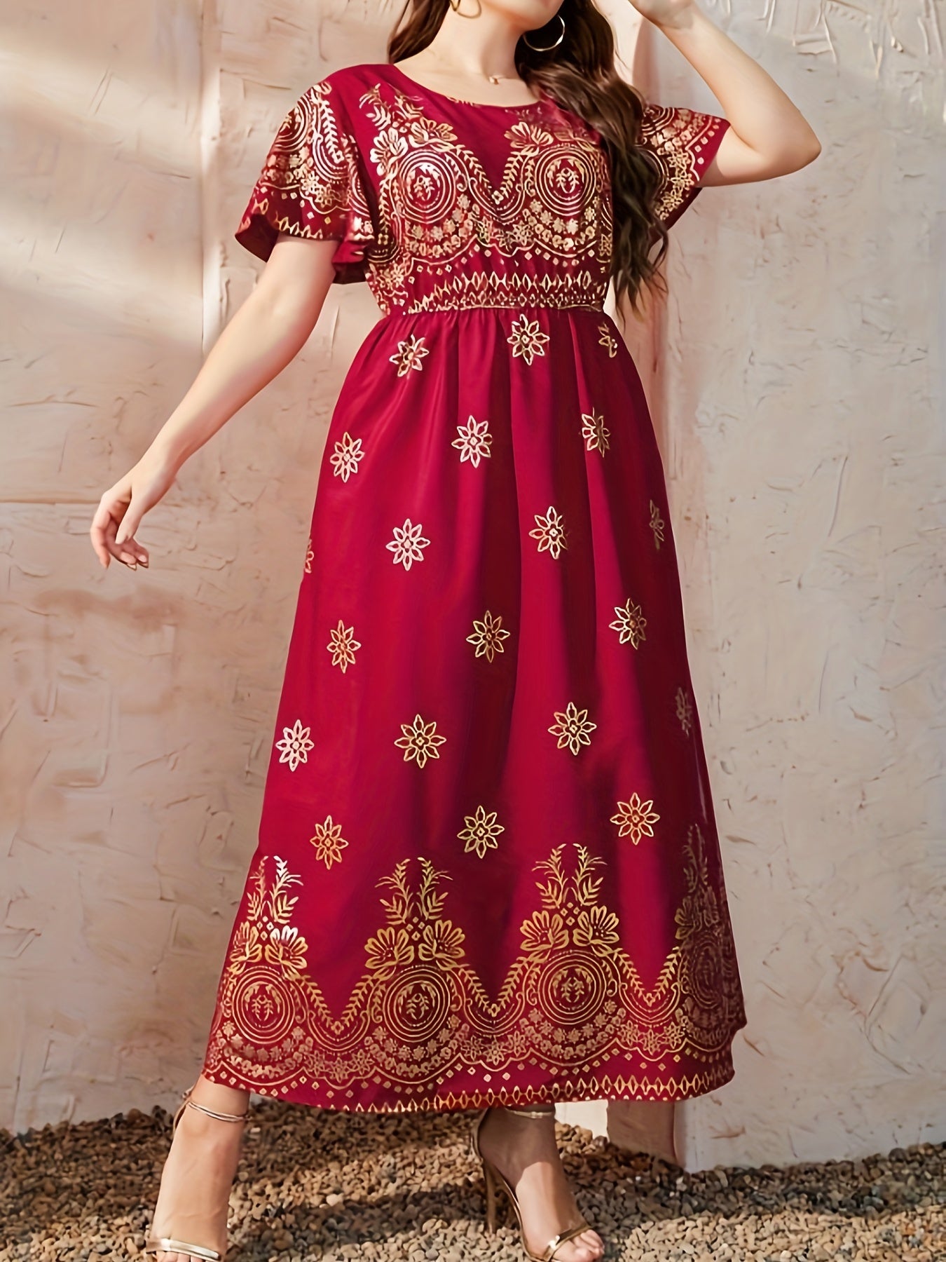 Golden Floral Print Maxi Dress