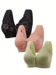 3pcs Lace Wireless Bras Front Buckle Women's Lingerie