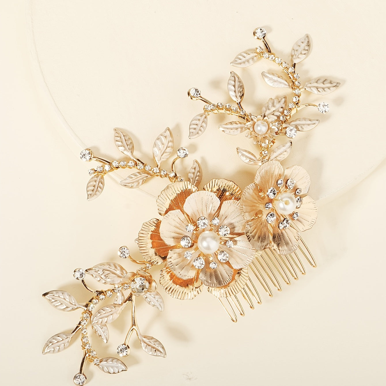 Golden Leaf Bridal Hair Comb Faux Pearl And Crystal Flower Hair Piece