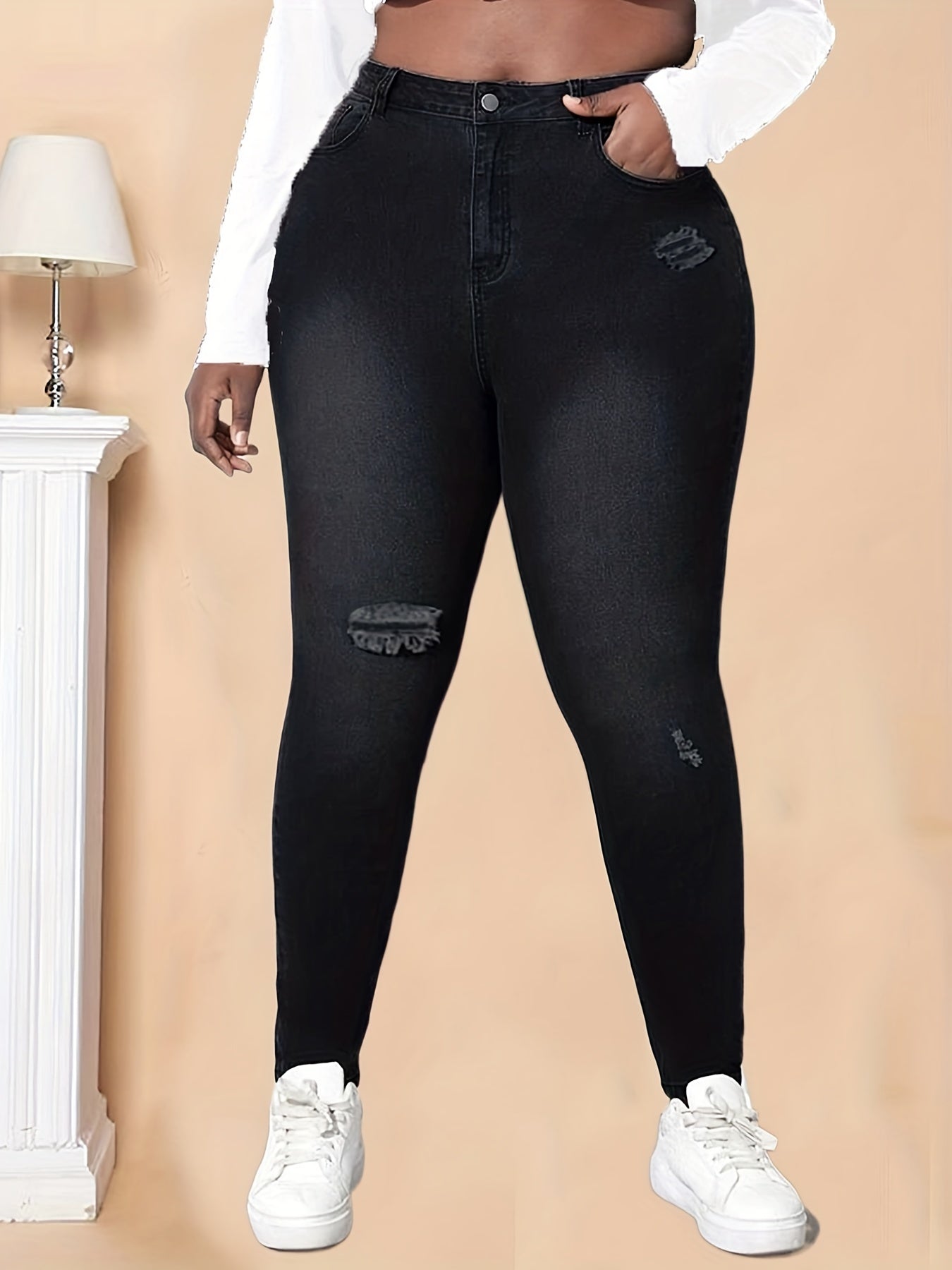 High Rise Ripped Skinny Jeans Women's Plus Denim Pants