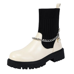 Elastic Pearl Chain Slip On Sock Boot Chunky Heel Round Head Boot