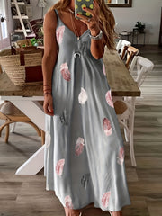 Feather Print V Neck Maxi Cami Dress