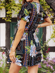 Floral Print V Neck Dress Short Sleeve Dress for Spring & Summer