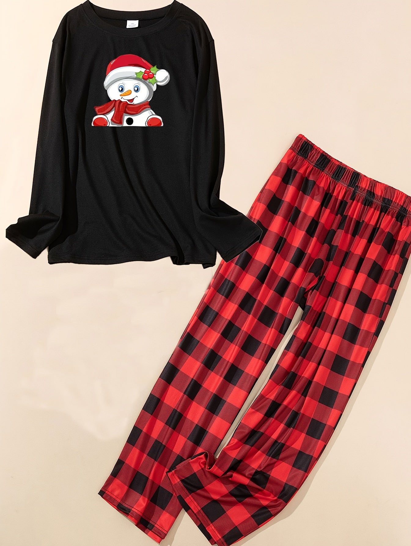 Snowman Print Tee & Plaid Pants Pajamas Set