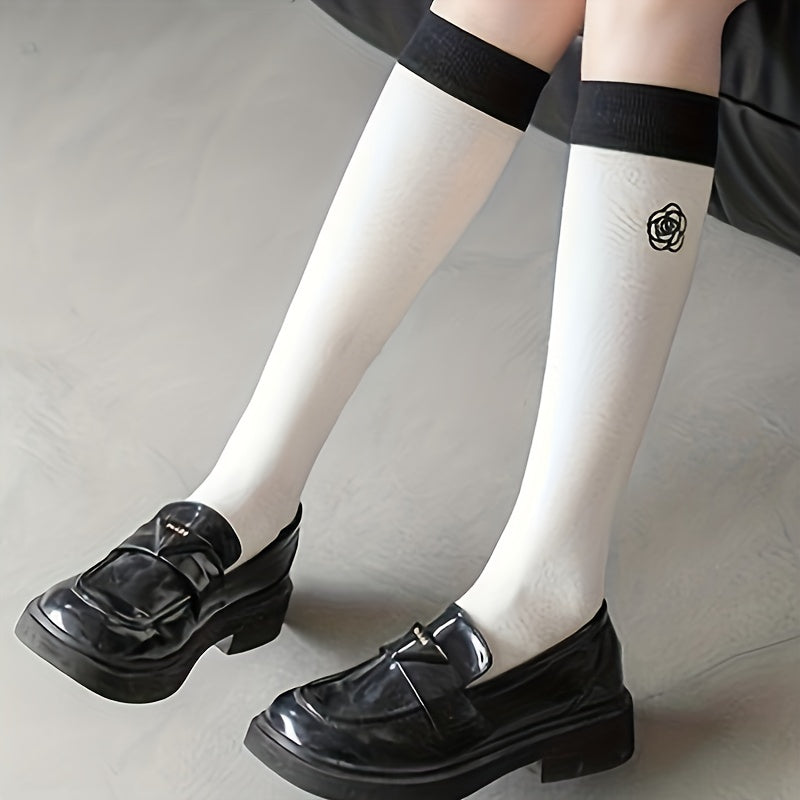 Floral Print Colorblock Knee High Socks Women's Stockings