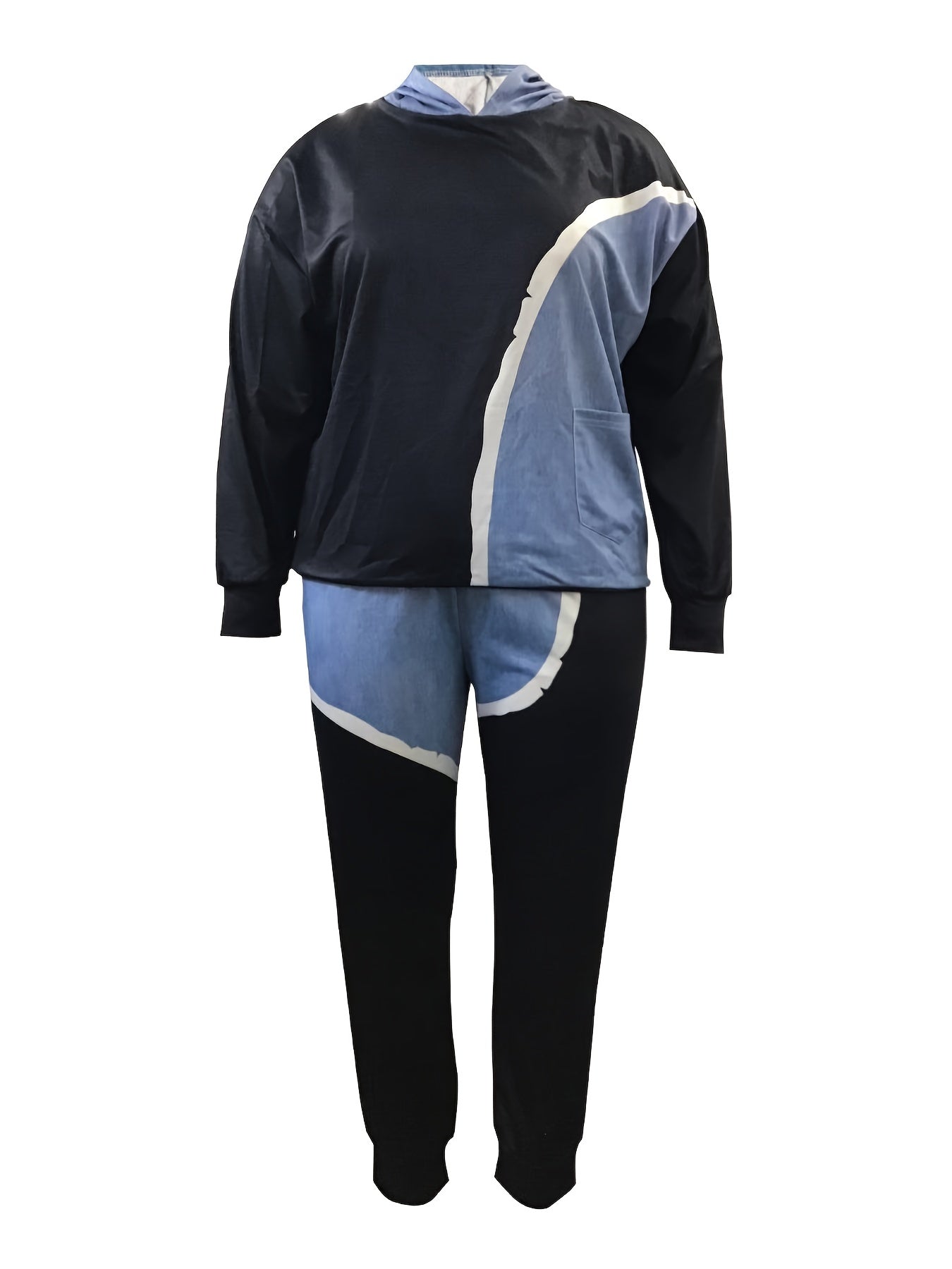 Plus Size Colorblock Denim Print Hoodie & Joggers Set