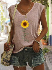 Sunflower & Letter Print V Neck Tank Top Summer Sleeveless Tank