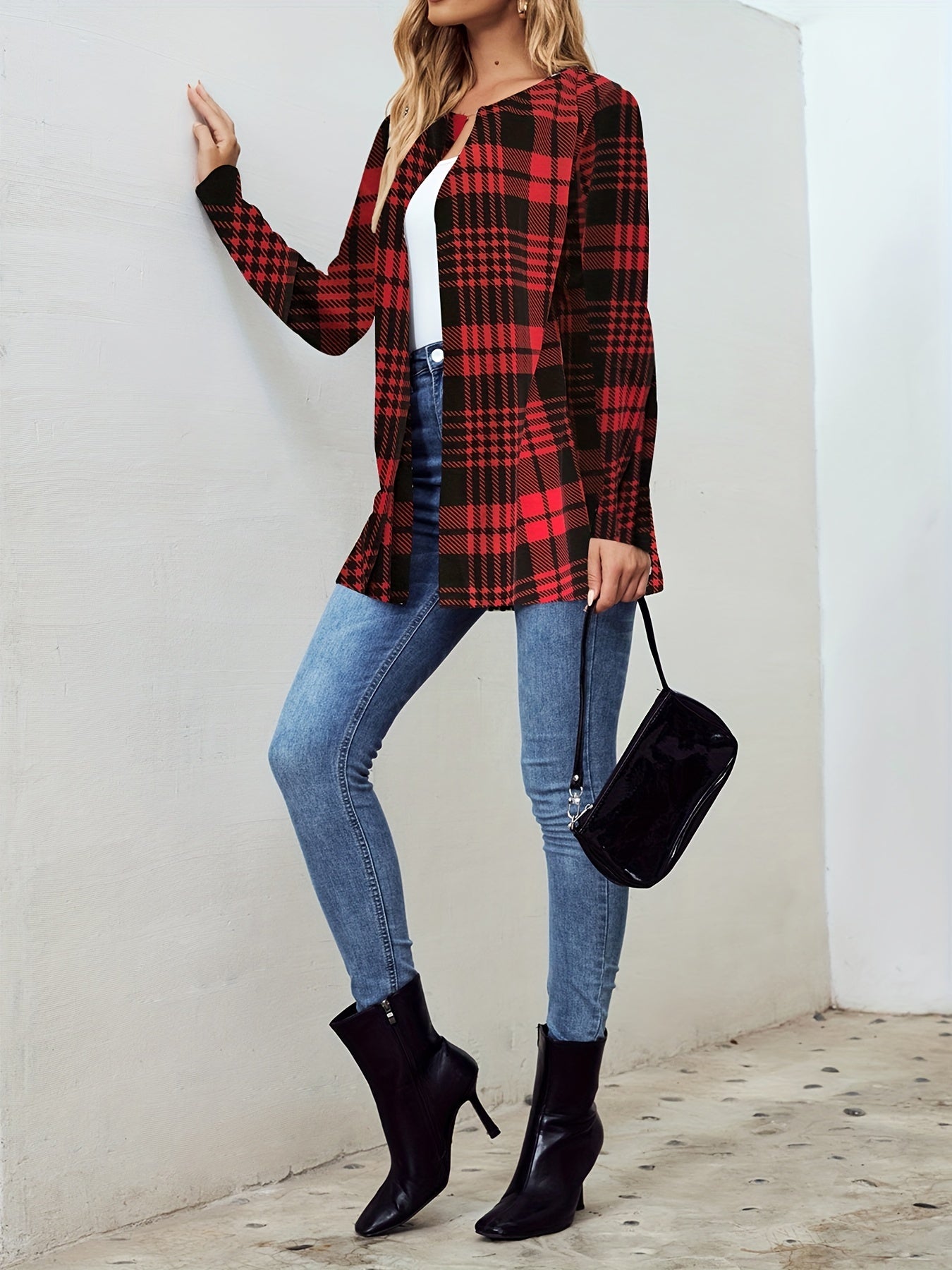 Plaid Print Open Front Jacket Long Sleeve for Spring & Fall