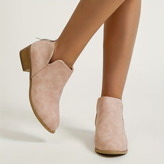 Women's Low Heel Ankle Boots V Cut Zipper Stacked Heel Short Boots