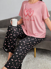 Heart & Letter Print Pajama Set Women's Tee & Pants
