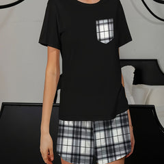 Plaid Print Lounge Set Crew Neck Top & Shorts Women's Loungewear