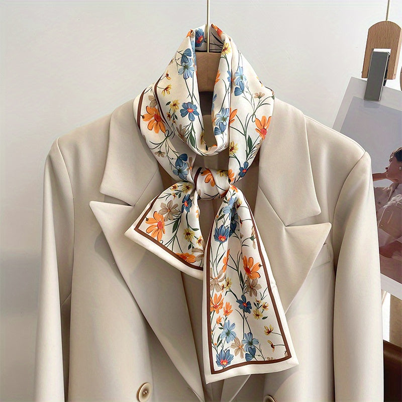 Flower Print Satin Neckerchief Classic Twilly Scarf