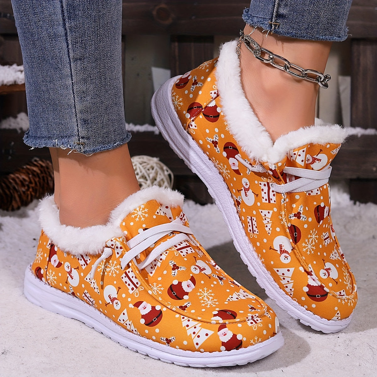 Women's Christmas Snow Boots Santa Claus Snowman Pattern Winter Plush Warm