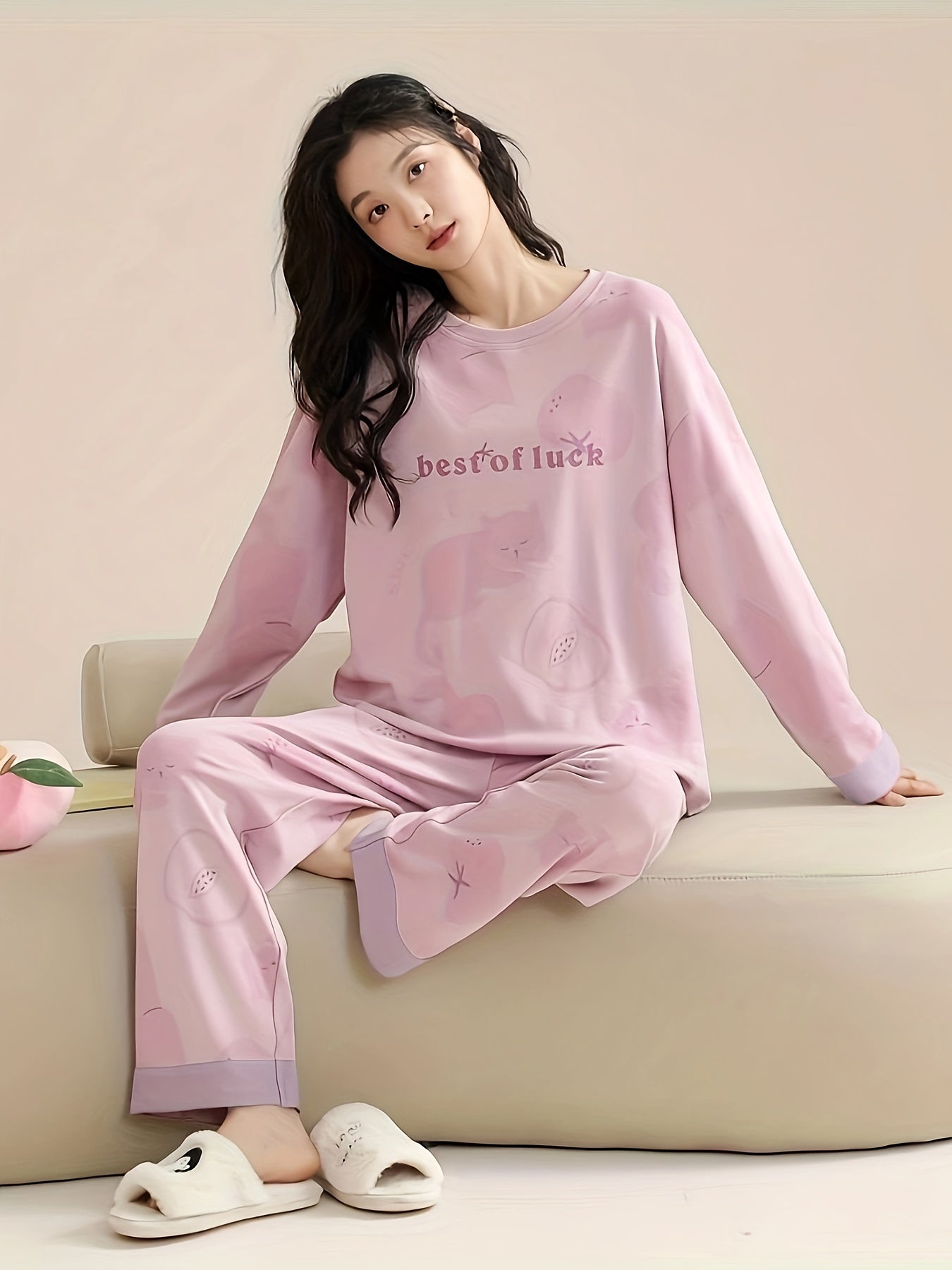 Letter Print Pajama Set Long Sleeve Top & Pants Women's Sleepwear