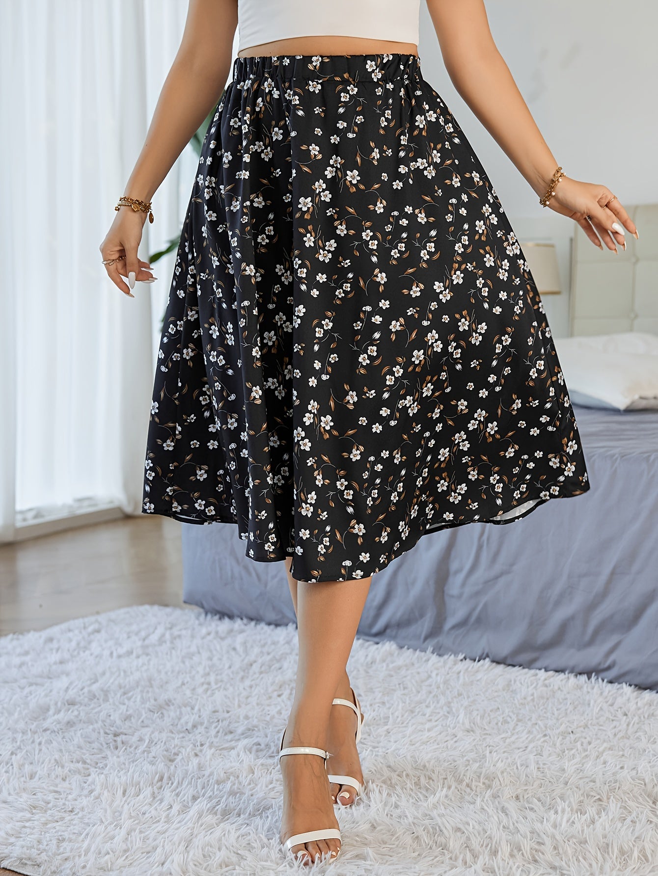Boho Skirt Women's Allover Floral Print Nipped Waist Loose Fit Skirt