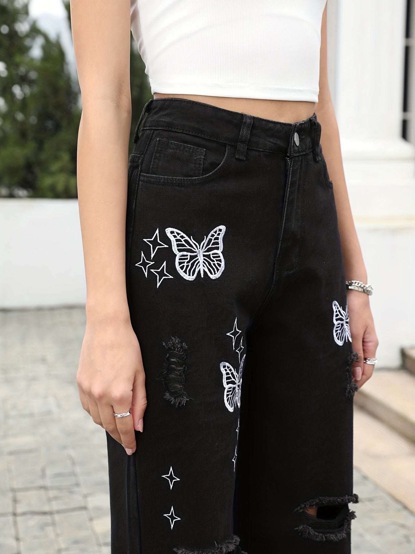Butterfly Print Ripped Straight Jeans High Waist Distressed Denim Pants