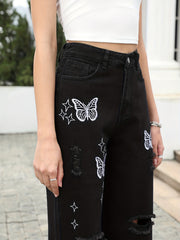 Butterfly Print Ripped Straight Jeans High Waist Distressed Denim Pants