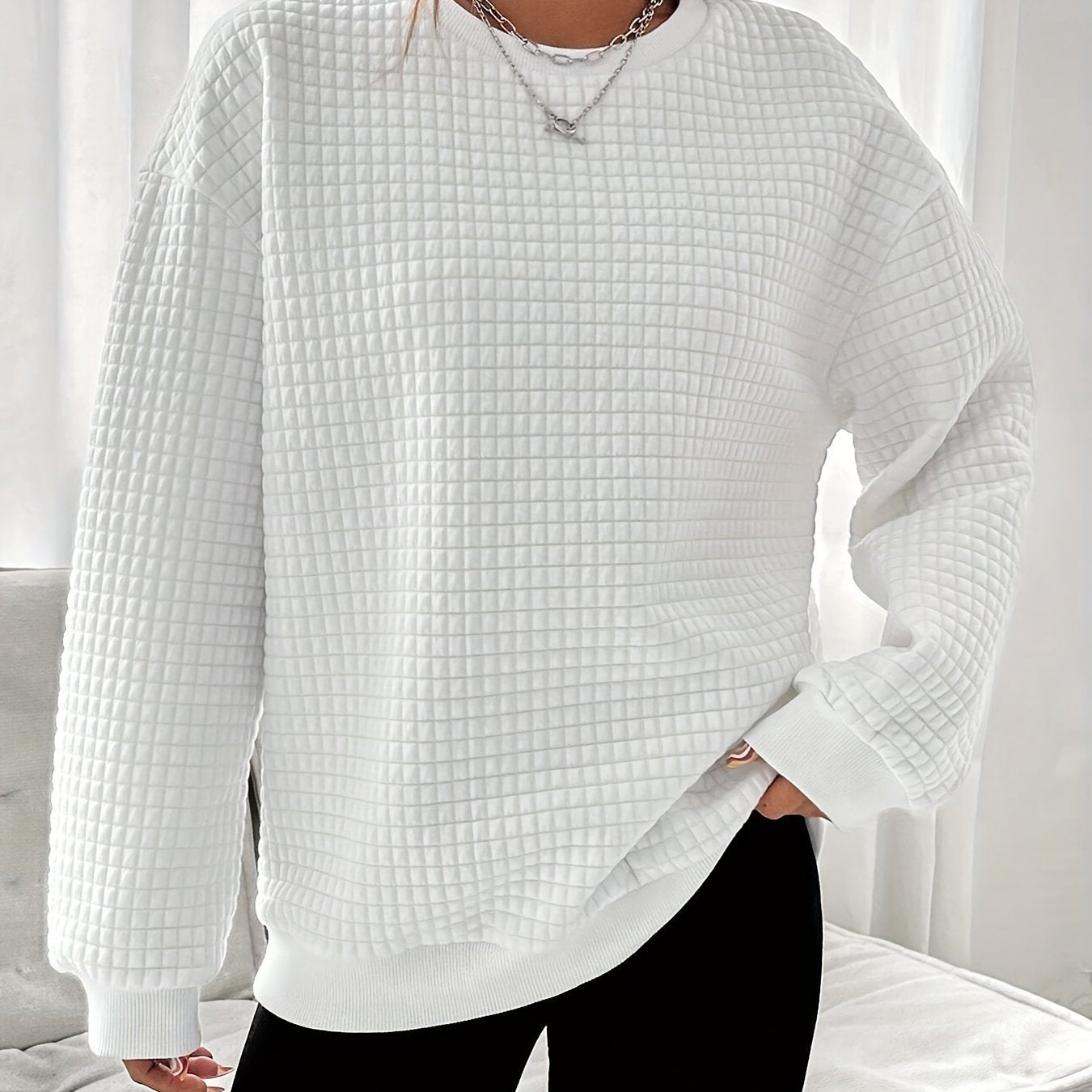 Waffle Grid Crew Neck Sweatshirt for Women