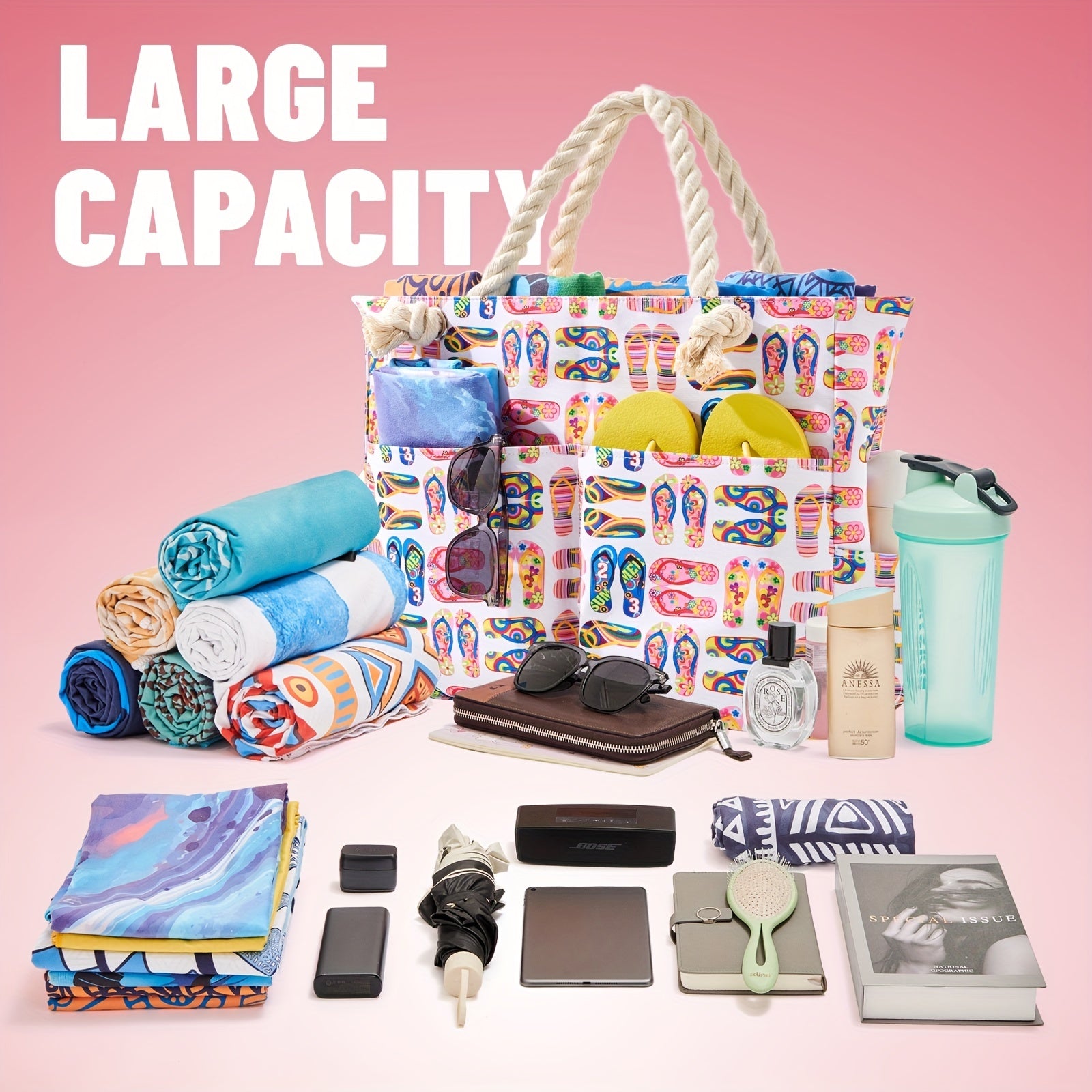 Large Waterproof Beach Bag Tote with Zipper for Travel Swim Yoga Camping