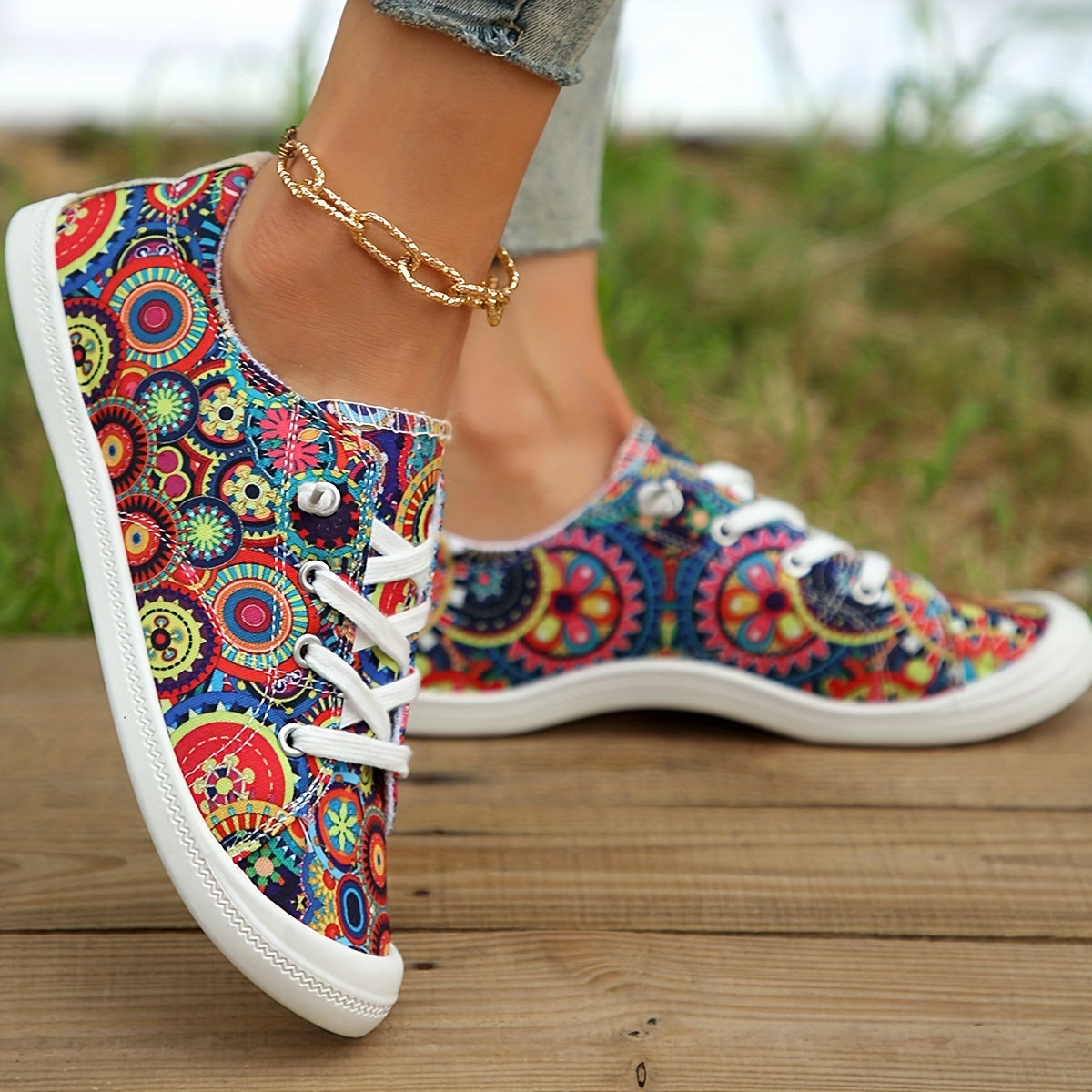 Floral Printed Canvas Slip-On Sneakers Lightweight Walking Shoes