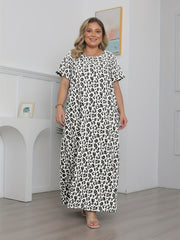 Leopard Print Round Neck Maxi Dress Short Sleeve Plus Size