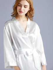 Solid Kimono Robe Embroidery Queen Short Robe With Belt