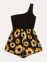 Sunflower Print One Shoulder Romper Jumpsuit