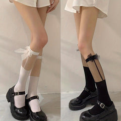 2 Pairs Mesh Calf Socks & Bow Knee High Stockings