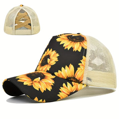 Sunflower Cross Elastic Mesh Cap Cotton Ponytail Baseball Cap