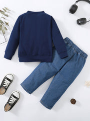 2pcs Denim Suit Long Sleeve Round Neck
