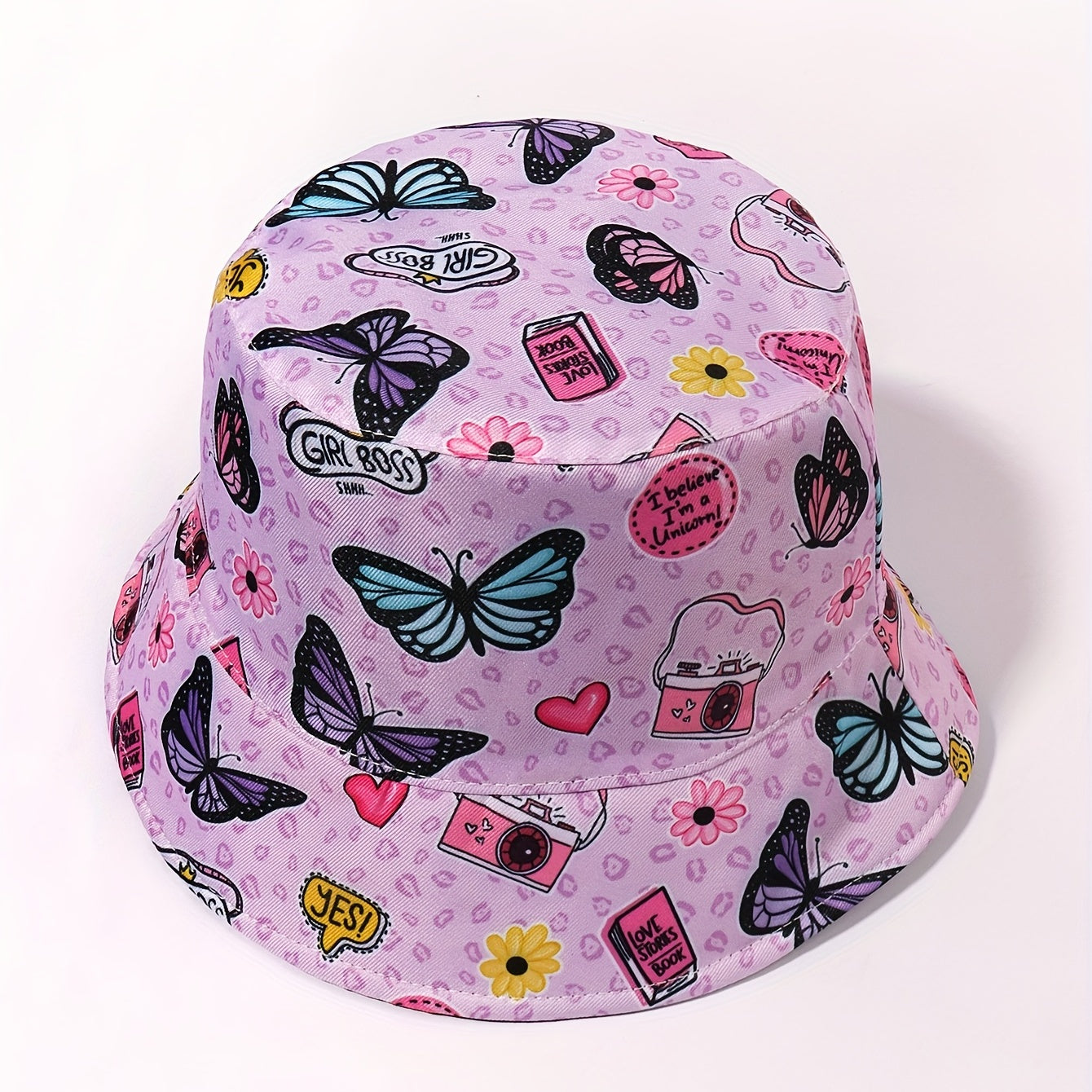 Pink Butterfly Print Reversible Bucket Hat Women Cloche Hat