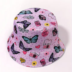 Pink Butterfly Print Reversible Bucket Hat Women Cloche Hat