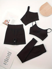 4pcs Yoga Workout Set One Shoulder & Cami Sports Bra & Shorts & Leggings