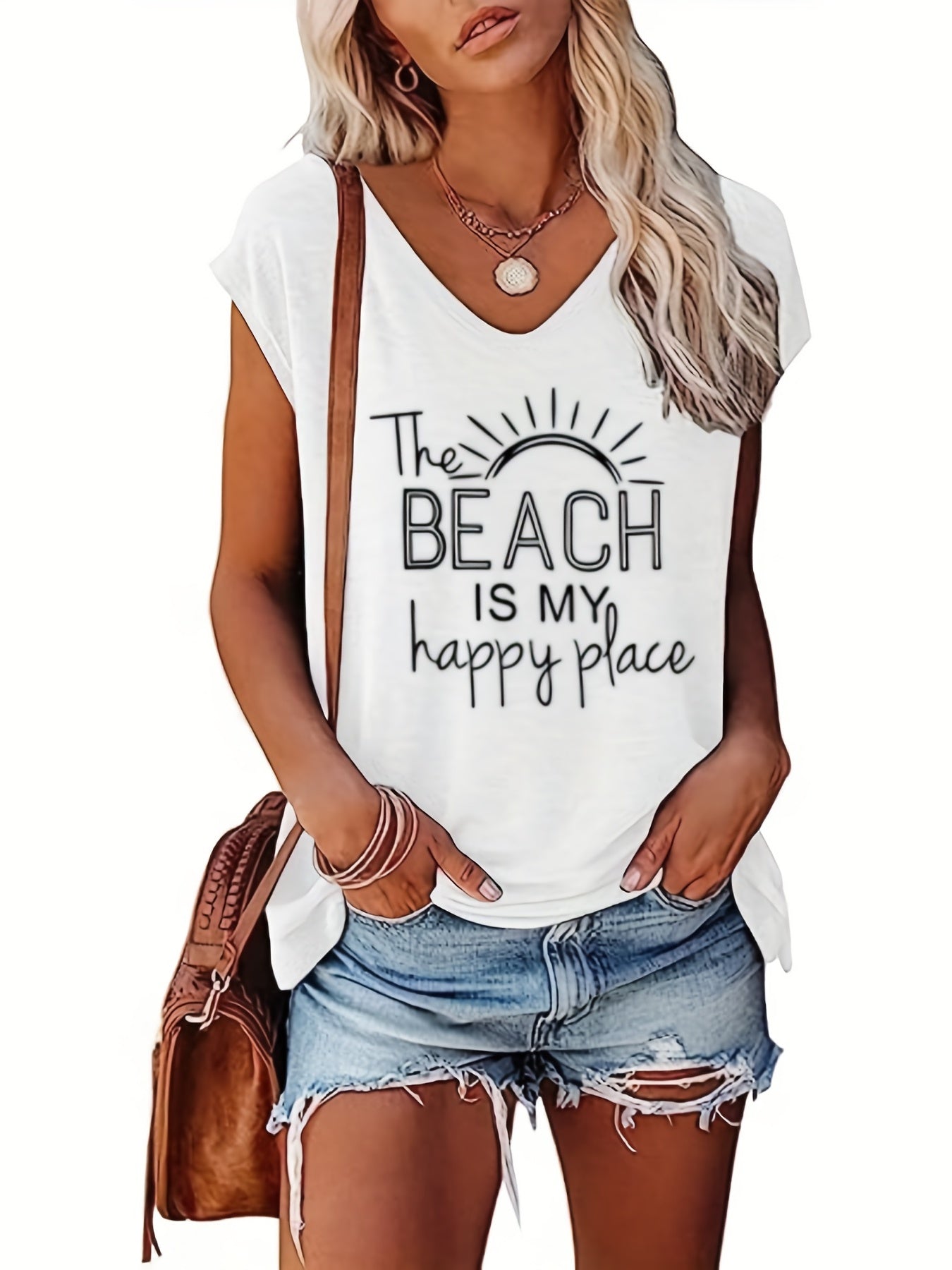 V Neck Tank Top Casual Cap Sleeve Summer Women's Top