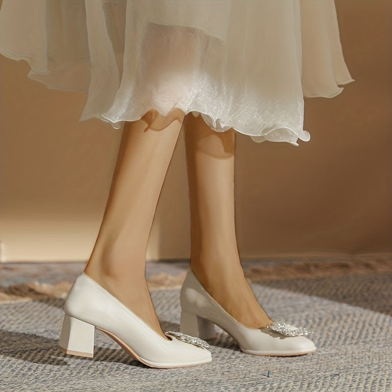 Rhinestone Chunky Heel Pumps Comfortable Slip-On Shoes for Women