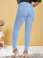 Plus Solid Button Fly High Rise Fringe Trim Skinny Jeans