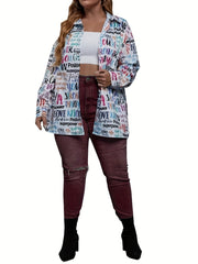 Allover Letter Print Button Up Long Sleeve Blouse