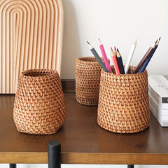 Handwoven Rattan Pen Holder Organizer Box for Home Office